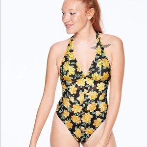Victoria Secrets Lace Halter Bodysuit Pure Black with Yellow Peonies